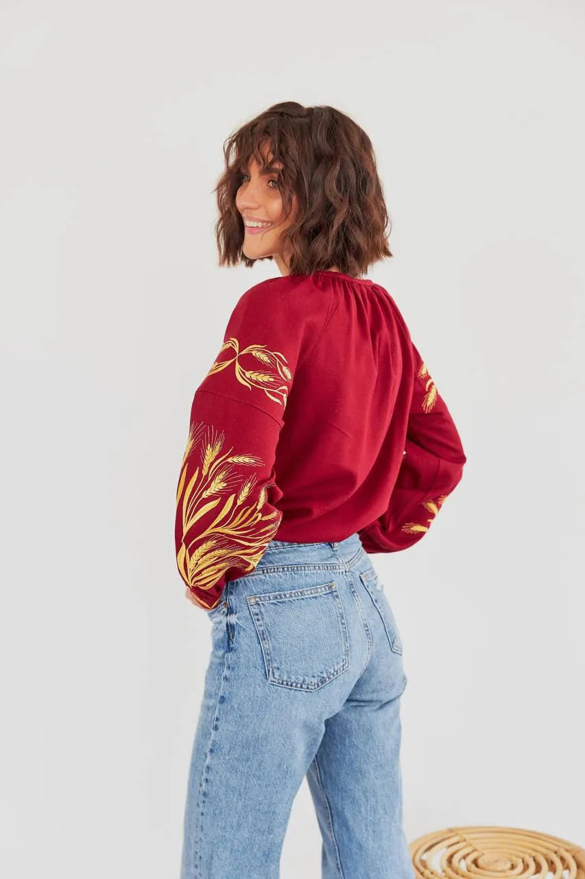 Women's embroidered blouse in Ukrainian style with a wheat ear