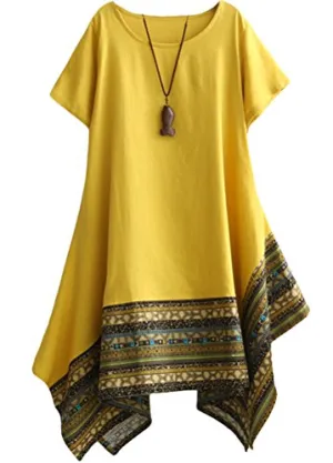 Women's Ethnic Cotton Linen Short/Long Sleeves Dress