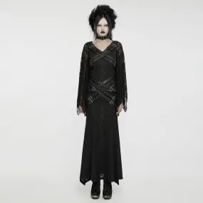 Women's Gothic Lace Sleeved Buckle Strap Splice Party Dress